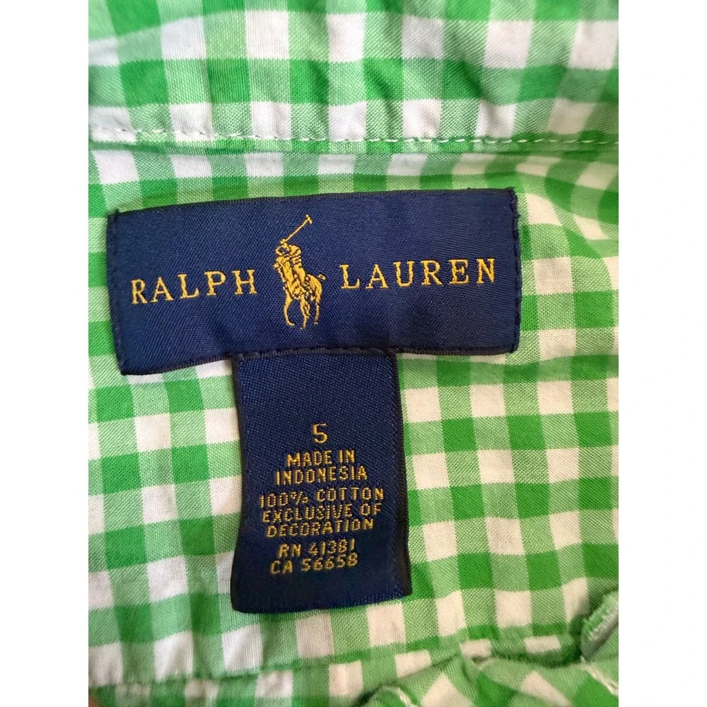 Ralph Lauren Boys Green Gingham Button Down Shirt Size 5 Pink Pony Logo